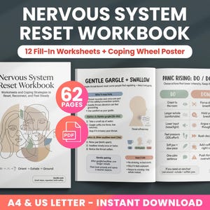 May include: A workbook titled "Nervous System Reset Workbook" with 62 pages, offering worksheets and coping strategies. The cover features line art of two faces. The image also includes a "Coping Wheel Poster" and a PDF icon. The text reads "A4 & US LETTER - INSTANT DOWNLOAD."