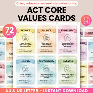 Puede incluir: Un conjunto de 72 tarjetas de valores centrales ACT, con valores como la paciencia, el equilibrio y el respeto por uno mismo. Cada tarjeta presenta un título, una definición y una indicación. Disponible para descarga instantánea en formato PDF.