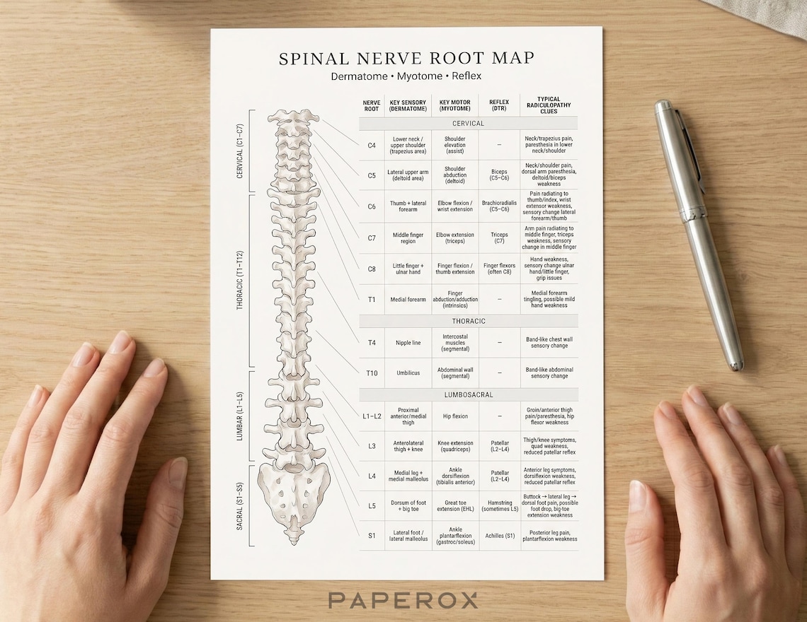 Spinal Nerve Root Map Poster - Dermatome Myotome Reflex Chart ...