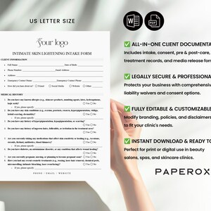 Puede incluir: Un formulario de admisi&oacute;n imprimible para tratamientos de blanqueamiento de la piel. El formulario incluye secciones para la informaci&oacute;n del cliente, el historial m&eacute;dico y el consentimiento. El formulario est&aacute; dise&ntilde;ado para salones de belleza, spas y cl&iacute;nicas de cuidado de la piel. El formulario est&aacute; disponible en formatos Word y PDF.