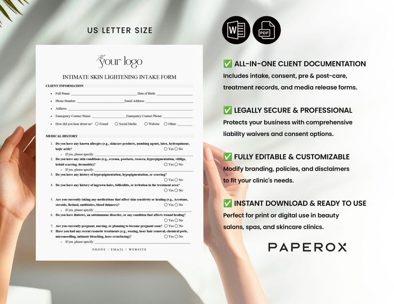 Puede incluir: Un formulario de admisi&oacute;n imprimible para tratamientos de blanqueamiento de la piel. El formulario incluye secciones para la informaci&oacute;n del cliente, el historial m&eacute;dico y el consentimiento. El formulario est&aacute; dise&ntilde;ado para salones de belleza, spas y cl&iacute;nicas de cuidado de la piel. El formulario est&aacute; disponible en formatos Word y PDF.