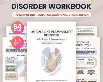 Könnte beinhalten: Ein Arbeitsbuch zur Borderline-Persönlichkeitsstörung mit 64 Seiten DBT-Tools zur emotionalen Stabilisierung. Das Cover zeigt den Titel, Skills, Insight & Recovery Support, und eine abstrakte Vase. Enthält A4- und US-Letter-PDF-Dateien.