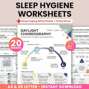 Puede incluir: Un conjunto de hojas de trabajo sobre higiene del sueño con el título "Sleep Hygiene Worksheets" y el texto "Sleep Coping Wheel Poster + Cheat Sheet". Las hojas de trabajo cubren temas como la coreografía de la luz diurna y la adaptación sensorial de la cama. Disponible en A4 y US Letter.