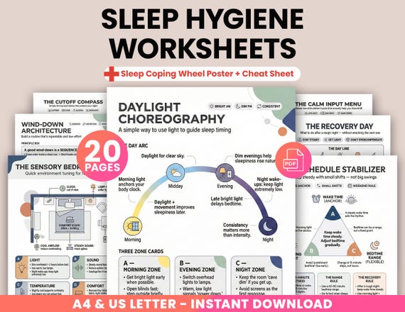 Sleep Hygiene Worksheets & Insomnia Guide Printable, CBT-I Sleep Therapy Handouts, Bedtime Routine Reset, Night Wakings Help