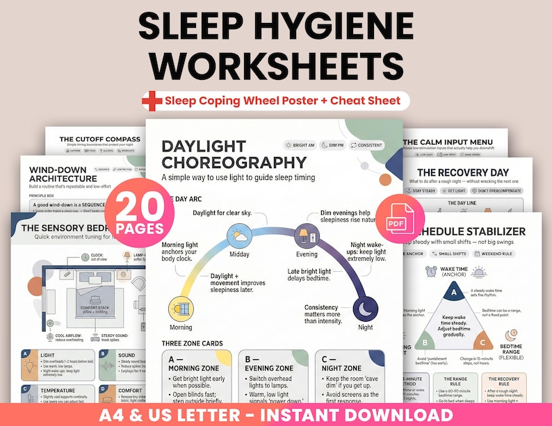 Pode incluir: Um conjunto de folhas de trabalho sobre higiene do sono com o t&iacute;tulo "Sleep Hygiene Worksheets" e o texto "Sleep Coping Wheel Poster + Cheat Sheet". As folhas de trabalho cobrem t&oacute;picos como coreografia da luz do dia e ajuste sensorial da cama. Dispon&iacute;vel em A4 e US Letter.
