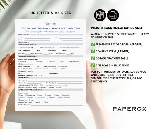 Weight Loss Injection Treatment Record Form Template - GLP-1 Dosage Tracker for Semaglutide Tirzepatide Injections Editable Follow up Sheet