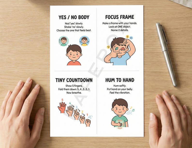 May include: A white card with four illustrated mindfulness exercises for children. The exercises include instructions and illustrations of children. A silver pen rests on the wooden surface next to the card.