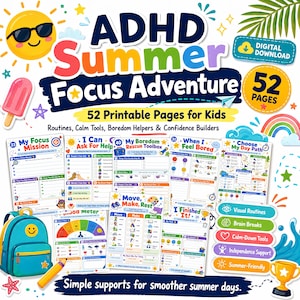 Puede incluir: Una descarga digital titulada ADHD Summer Focus Adventure con 52 páginas imprimibles para niños. El gráfico incluye un sol amarillo, un helado, una mochila y un trofeo, con texto sobre rutinas, herramientas de calma y ayuda para el aburrimiento.
