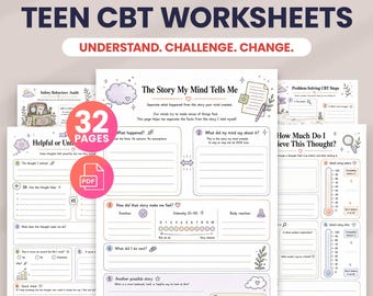 Teen CBT Worksheets for Teens | Cognitive Behavioral Therapy Bundle | Negative Thoughts, Core Beliefs, Thinking Traps, School Counseling PDF