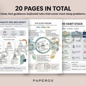 Pode incluir: Um conjunto de tr&ecirc;s p&aacute;ginas informativas com diagramas e texto sobre rotinas de sono. As p&aacute;ginas s&atilde;o intituladas "The 2-Minute Pre-Bed Reset" e "The Sleep Engine". Uma caneta est&aacute; &agrave; direita. O texto diz "20 PAGES IN TOTAL". A marca "PAPEROX" &eacute; vis&iacute;vel.