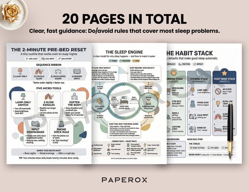 Pode incluir: Um conjunto de tr&ecirc;s p&aacute;ginas informativas com diagramas e texto sobre rotinas de sono. As p&aacute;ginas s&atilde;o intituladas "The 2-Minute Pre-Bed Reset" e "The Sleep Engine". Uma caneta est&aacute; &agrave; direita. O texto diz "20 PAGES IN TOTAL". A marca "PAPEROX" &eacute; vis&iacute;vel.