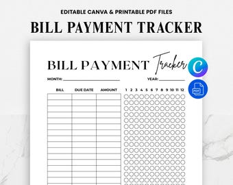 Organizador de pago de facturas - Registro de pagos - Lista de facturas mensuales - Seguimiento de gastos y presupuesto - Plantilla editable de Canva - Descarga PDF