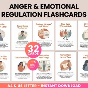 May include: Flashcards for anger and emotional regulation. The cards feature illustrations and text with titles like "Name the Thought Loop" and "Notice Five Real Things." The set includes 32 cards and is available as an instant download.