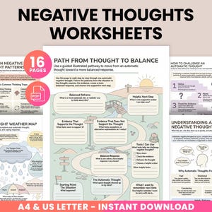 May include: A collection of printable worksheets titled "Negative Thoughts Worksheets." The pages feature diagrams and prompts for managing negative thoughts, including a thought weather map and a path to balance. The worksheets are available for instant download.