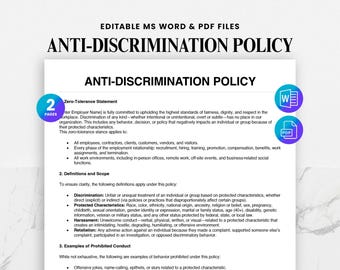 May include: A white document titled "ANTI-DISCRIMINATION POLICY" with the text "EDITABLE MS WORD & PDF FILES" at the top. The document includes definitions and examples of prohibited conduct. Icons for MS Word and PDF files are visible.
