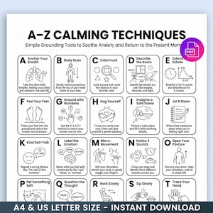 Könnte beinhalten: Ein schwarz-weiß druckbares Poster mit A-Z-Entspannungstechniken zur Angstlinderung. Jede Technik wird mit einfachen Strichzeichnungen und kurzen Anweisungen illustriert. Der Text lautet "A-Z CALMING TECHNIQUES".