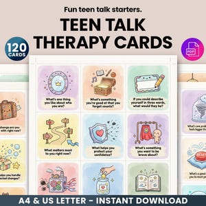 120 Teen Therapy Question Cards Printable - Teen Counseling Conversation Starters, Mental Health Prompts, DBT/CBT Coping Skills