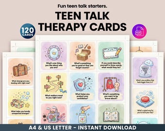 120 Teen Therapy Question Cards Printable - Teen Counseling Conversation Starters, Mental Health Prompts, DBT/CBT Coping Skills