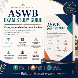 May include: A white, blue, and orange ASWB Exam Study Guide book featuring a comprehensive content review, clinical reasoning, and practice questions. The cover includes the text Master What Matters. Pass With Confidence and six icons.