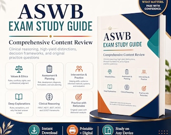 Puede incluir: Un libro de guía de estudio para el examen ASWB en blanco, azul y naranja que incluye una revisión completa del contenido, razonamiento clínico y preguntas de práctica. La portada incluye el texto Master What Matters. Pass With Confidence.