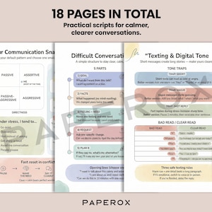 May include: A set of communication guides with the text "18 PAGES IN TOTAL" and "Practical scripts for calmer, clearer conversations." The pages include diagrams and text on topics like "Your Communication Sna" and "Texting & Digital Tone."