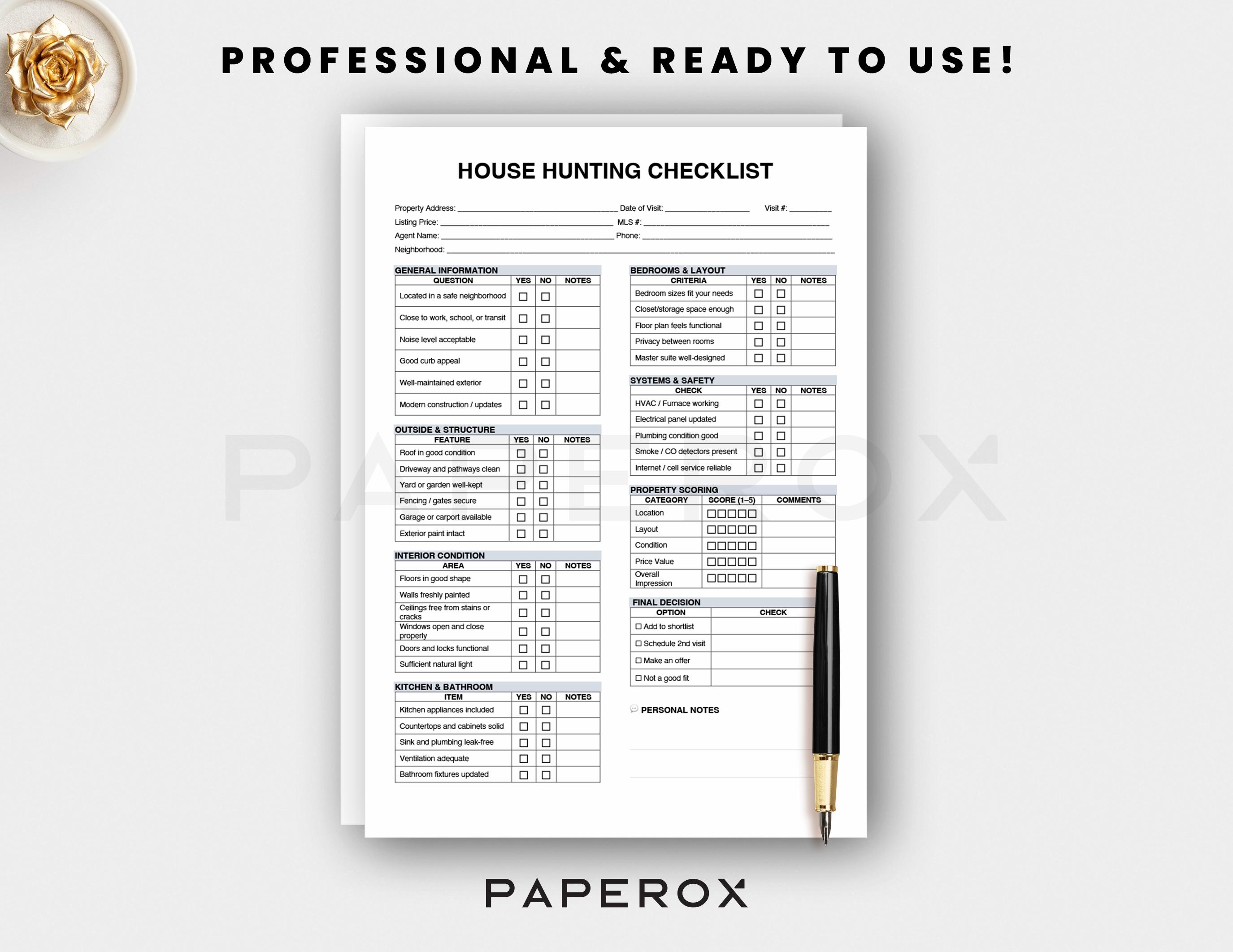 Printable House Hunting Checklist, Editable Home Buying Evaluation Form ...
