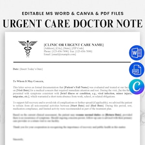 Plantilla de carta de justificación para atención de urgencias • Nota médica editable para el trabajo y la escuela • Nota médica en Canva, Word y PDF