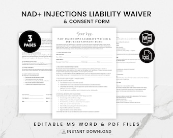 Plantilla de exención de responsabilidad por inyección de NAD+ – Formulario de consentimiento para inyección de NAD+ – Admisión a la clínica de bienestar (PDF y documento de Word editable)