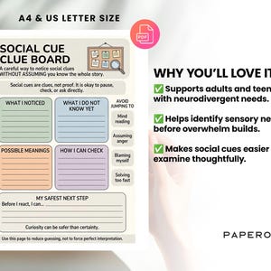 May include: A printable Social Cue Clue Board, designed to help with social cues. The board has sections for notes, including 'What I noticed', 'What I do not know yet', and 'How I can check'. It is A4 and US Letter size.
