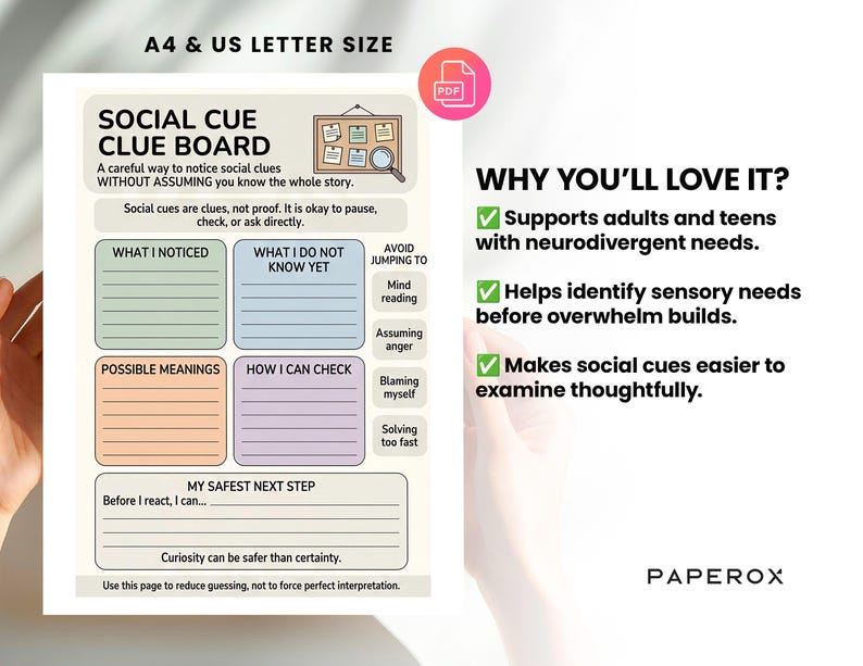 May include: A printable Social Cue Clue Board, designed to help with social cues. The board has sections for notes, including 'What I noticed', 'What I do not know yet', and 'How I can check'. It is A4 and US Letter size.