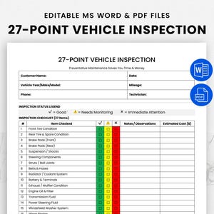 Vehicle Inspection Form PDF | 27-Point Vehicle Inspection Checklist | Fillable Car Maintenance Report | Auto Mechanic Repair Estimate Sheet