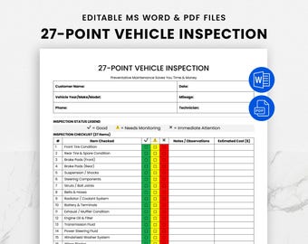 Könnte beinhalten: Eine druckbare 27-Punkte-Fahrzeug-Inspektionsliste mit einer grünen, gelben und roten Statuslegende. Die Checkliste umfasst Punkte wie Zustand der Vorderräder, Zustand der Hinterräder und des Reserverads, Bremsbeläge, Federung, Lenkungskomponenten, Riemen und Schläuche, Kühlsystem, Batterie und Klemmen, Zustand von Auspuff und Schalldämpfer, Motoröl und Filter, Getriebeöl, Servolenkungsflüssigkeit, Scheibenwaschanlage und mehr.