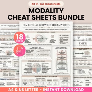 May include: A bundle of cheat sheets titled "MODALITY CHEAT SHEETS BUNDLE" with 18 pages. The sheets cover topics like Dialectical Behavior Therapy (DBT), Narrative Therapy, and EMDR. The bundle is available in A4 and US Letter sizes.