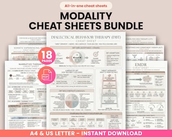 Therapy Cheat Sheets Bundle, Modality Reference Guides CBT, DBT & EMDR + act, ifs, schema, erp, pe, cpt, eft, mi, gottman, ipt, sfbt, se, sp