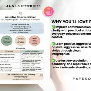 May include: A PDF document titled "Assertive Communication" with text and graphics. It includes formulas, examples, and one-line boundaries for effective communication. The document is A4 and US Letter size.