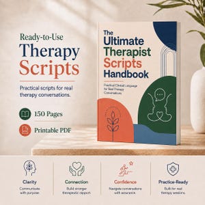May include: A book titled The Ultimate Therapist Scripts Handbook with 150 pages and a printable PDF format. The cover features abstract shapes in blue, green, and orange, with line art of two faces and a speech bubble. Icons represent clarity, connection, confidence, and practice-ready features.