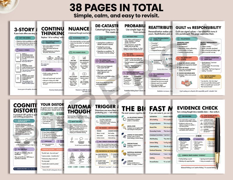 Cognitive Distortions Workbook, CBT Worksheets & Thought Record, Thought Reframing Tools, Distortion Wheel Poster, CBT Cheat Sheet, Bundle image 4