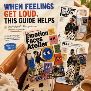 Può includere: Tre guide educative intitolate Emotion Faces Atelier, The Body Speaks First e Fear: The Overprotective Security Guard. Le copertine presentano illustrazioni di una persona con capelli scuri, pantaloni bianchi a pois neri e top neri.
