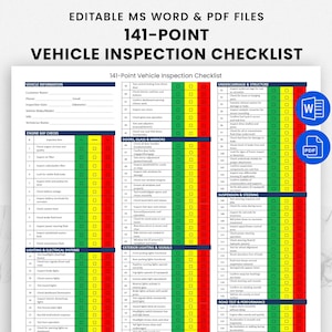 May include: A 141-point vehicle inspection checklist with a green, yellow, and red colour scheme. The checklist includes sections for vehicle information, engine bay checks, doors, glass, and mirrors, undercarriage and structure, suspension and steering, lighting and electrical system, exterior lighting and signals, and road test and performance.