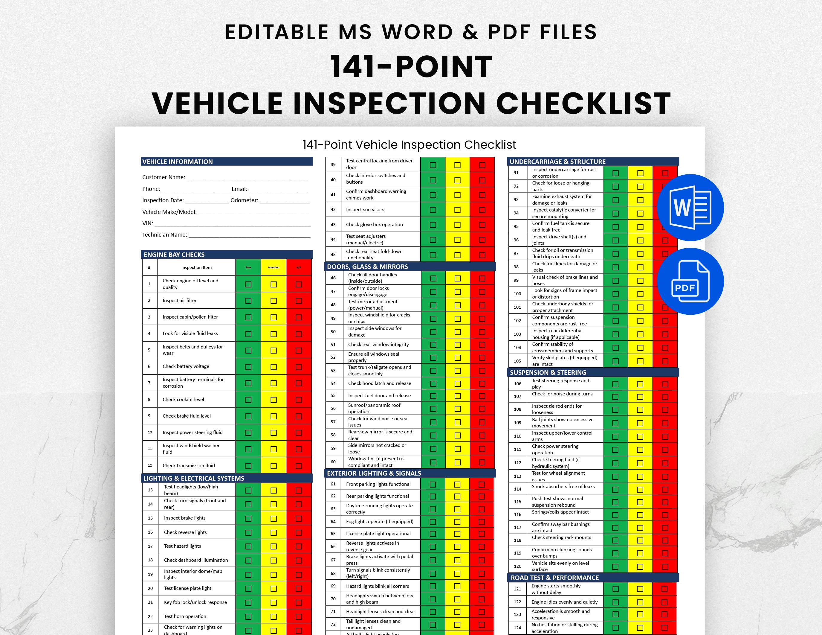 141 Point Vehicle Inspection Checklist PDF | Printable Auto Maintenance ...