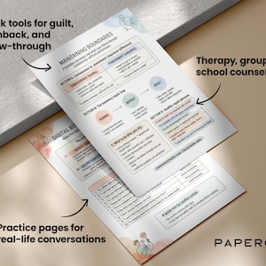 May include: Two white printed pages with text and diagrams, titled "Maintaining Boundaries" and "Digital Bo". The pages include the text "Quick tools for guilt, pushback, and follow-through", "Therapy, groups, school counseling", and "Practice pages for real-life conversations".