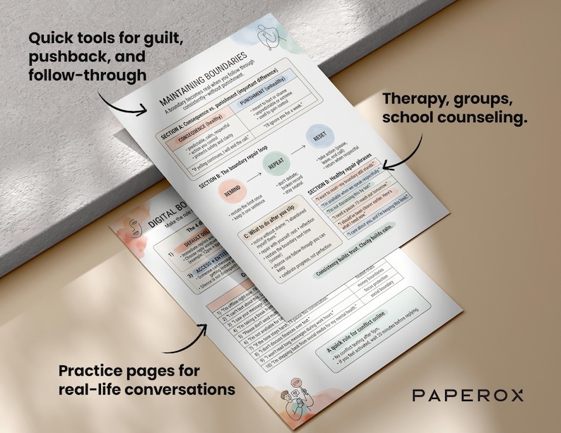 May include: Two white printed pages with text and diagrams, titled "Maintaining Boundaries" and "Digital Bo". The pages include the text "Quick tools for guilt, pushback, and follow-through", "Therapy, groups, school counseling", and "Practice pages for real-life conversations".