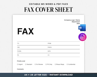Fax Cover Sheet, Fax Cover Template, Fax Sheet, Printable Fax Form, Personal Fax Cover, Editable Word Form, Business Fax Sheet, HR Forms