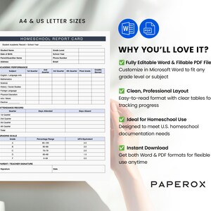 Puede incluir: Plantilla de Informe Escolar para el Hogar en formato Word y PDF. La plantilla incluye secciones para la informaci&oacute;n del estudiante, el rendimiento acad&eacute;mico, el registro de asistencia y la escala de calificaci&oacute;n. La plantilla est&aacute; dise&ntilde;ada para el uso en el hogar y cumple con las necesidades de documentaci&oacute;n de las escuelas en el hogar de los Estados Unidos.