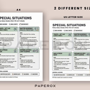 Pode incluir: Duas impress&otilde;es em papel branco com dicas de sono, intituladas "Situa&ccedil;&otilde;es Especiais". Uma &eacute; tamanho A4, a outra tamanho US Letter. As impress&otilde;es oferecem conselhos para viagens, hor&aacute;rios alterados, semanas de estresse e ambientes de sono incomuns. Uma caneta preta repousa na impress&atilde;o US Letter.