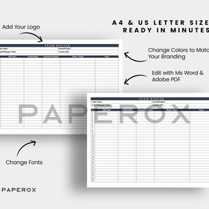Peut inclure: Un mod&egrave;le de liste d'&eacute;quipe imprimable aux formats A4 et US Letter. Le mod&egrave;le comporte un en-t&ecirc;te gris fonc&eacute; avec le texte "TEAM ROSTER" et des colonnes pour le nom de l'&eacute;quipe, le nom du personnel, le r&ocirc;le du poste, le responsable, les coordonn&eacute;es, la photo, l'e-mail et les notes. Le mod&egrave;le est pr&ecirc;t &agrave; &ecirc;tre &eacute;dit&eacute; dans Microsoft Word ou Adobe PDF.