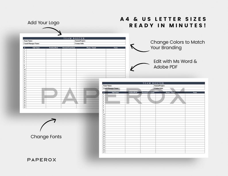 Peut inclure: Un mod&egrave;le de liste d'&eacute;quipe imprimable aux formats A4 et US Letter. Le mod&egrave;le comporte un en-t&ecirc;te gris fonc&eacute; avec le texte "TEAM ROSTER" et des colonnes pour le nom de l'&eacute;quipe, le nom du personnel, le r&ocirc;le du poste, le responsable, les coordonn&eacute;es, la photo, l'e-mail et les notes. Le mod&egrave;le est pr&ecirc;t &agrave; &ecirc;tre &eacute;dit&eacute; dans Microsoft Word ou Adobe PDF.