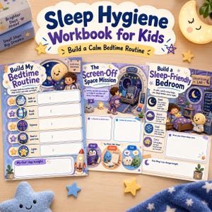 May include: A Sleep Hygiene Workbook for Kids featuring three colourful pages with space-themed illustrations. The pages include sections titled Build My Bedtime Routine, The Screen-Off Space Mission, and Build a Sleep-Friendly Bedroom with prompts.