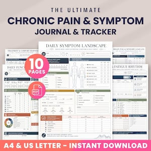 May include: A 10-page digital chronic pain and symptom journal and tracker in PDF format. The pages feature sections for daily symptom landscape, treatment response, brain fog, and fatigue rhythm, with A4 and US Letter size options available.