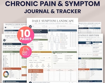 Puede incluir: Un diario y rastreador digital de 10 páginas para dolor crónico y síntomas en formato PDF. Las páginas incluyen secciones para el panorama diario de síntomas, respuesta al tratamiento, niebla mental y ritmo de fatiga en A4 y US Letter.